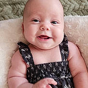 Dahlia joined the competition — help win amazing prizes! baby, smiling, infant, black_dress, floral_pattern, blanket, soft_texture, happy, cute, chubby_cheeks, lying_down, person, child, closeup, indoors, skin, arm, hand, portrait, head