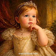 Chloe joined the competition — help win amazing prizes! background, child, costume, cute, decorative, dress, elegant, girl, golden, jewelry, pearl_necklace, portrait, pose, princess, puffy_sleeves, royal, studio_lighting, thoughtful, tiara, young