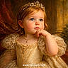 background, child, costume, cute, decorative, dress, elegant, girl, golden, jewelry, pearl_necklace, portrait, pose, princess, puffy_sleeves, royal, studio_lighting, thoughtful, tiara, young