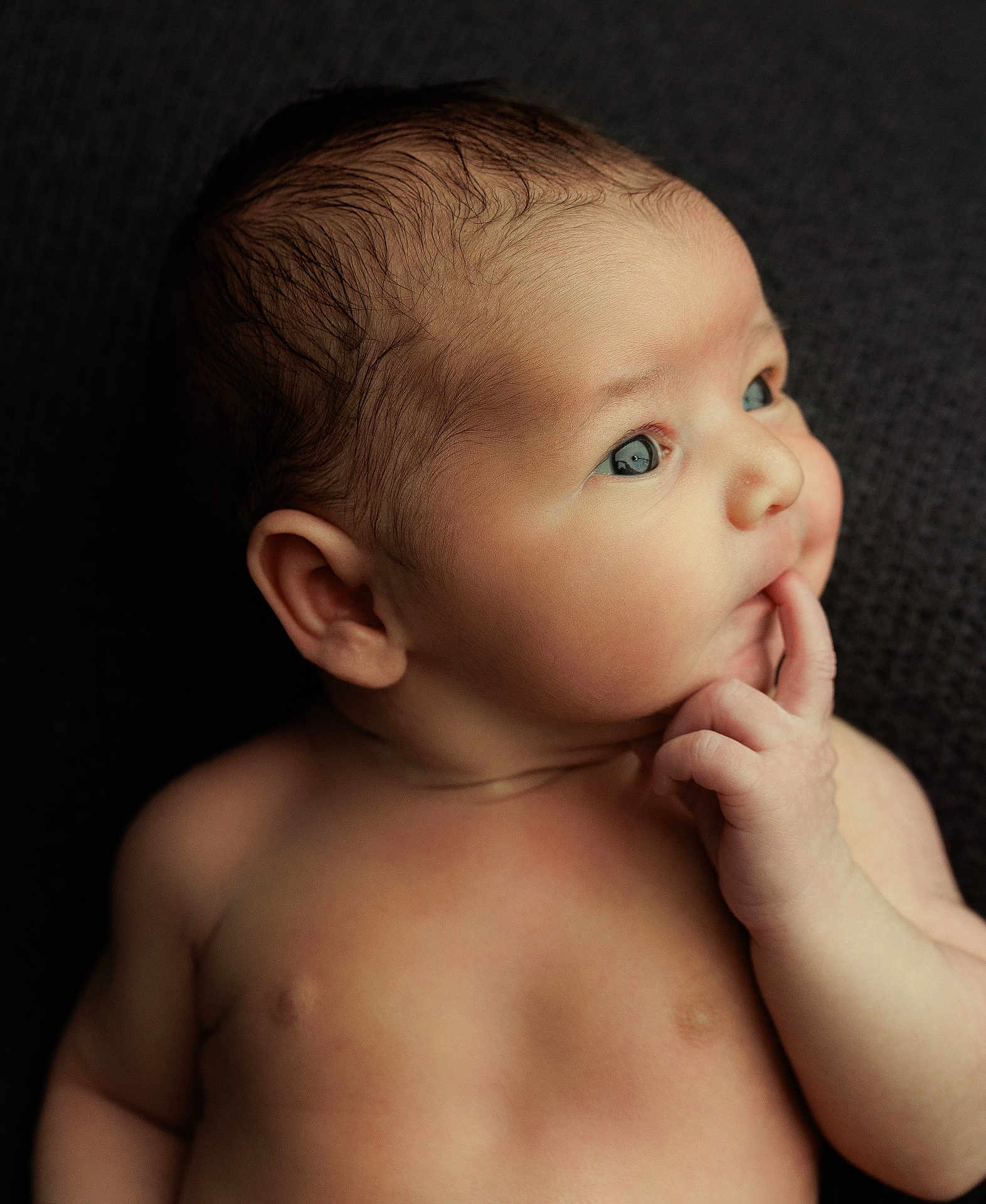 Gunner joined the competition — help win amazing prizes! baby, infant, child, face, skin, hand, finger, eyes, ear, portrait, expression, cute, newborn, thoughtful, looking, human, soft_light, background, closeup, naked