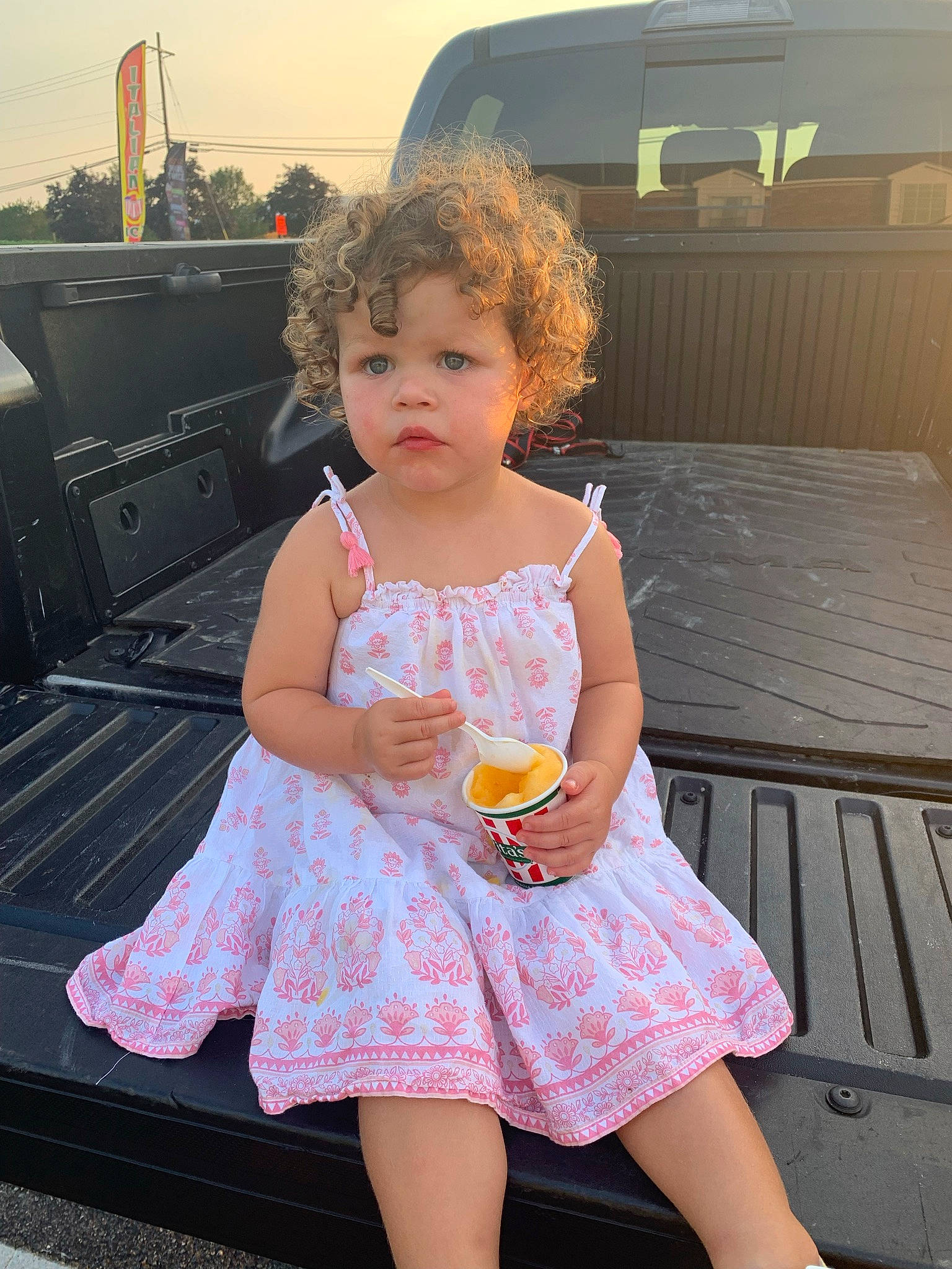 Sophia is registered to the contest to win money with this photo: baby_toddler_clothing, day_dress, dress, facial_expression, fun, happy, leg, leisure, morning, one_piece_garment, people, person, pink, shoulder, skin, sky, standing, summer, thigh, toddler