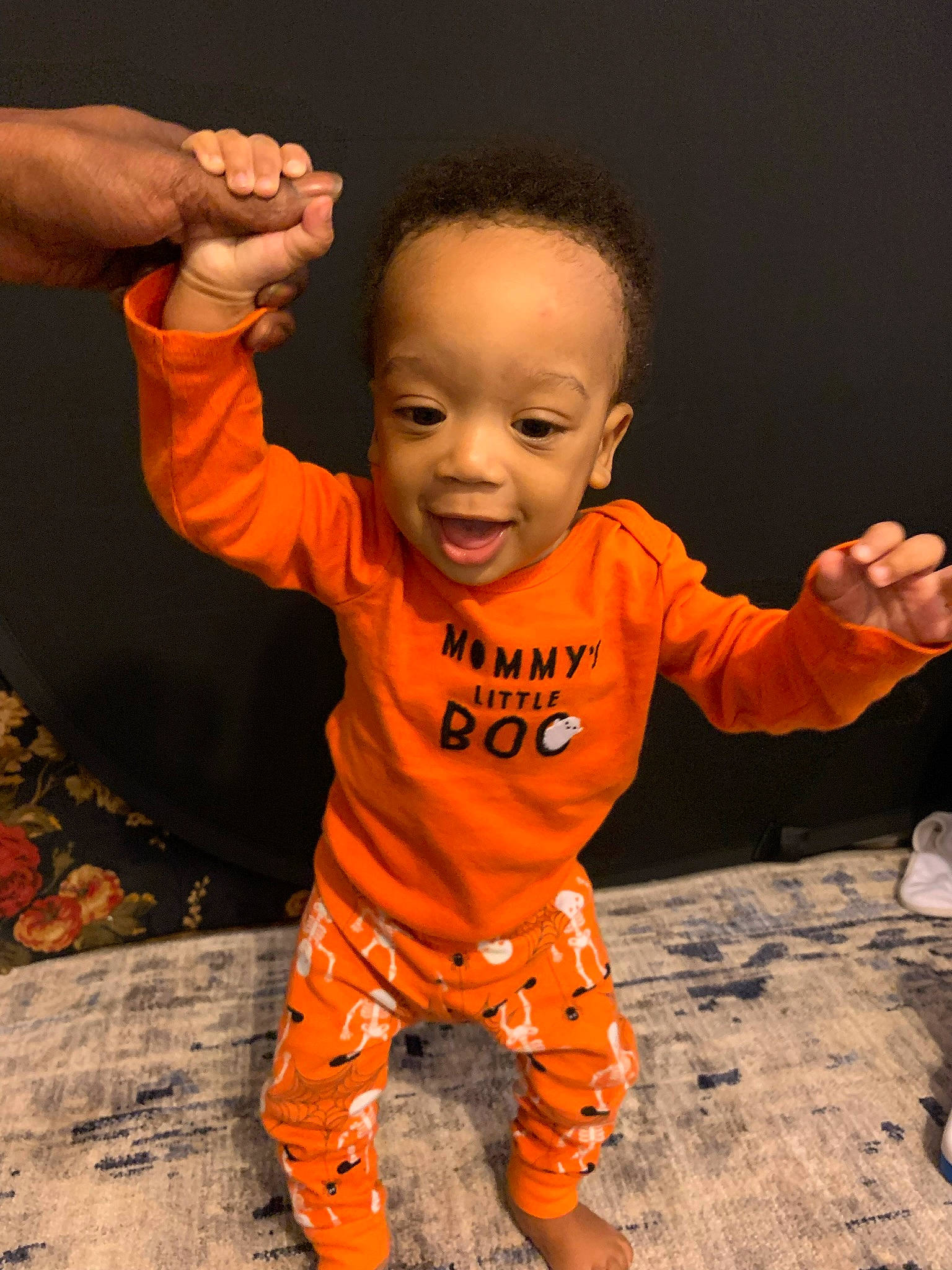 Augustus joined the competition — help win amazing prizes! arm, baby, baby_toddler_clothing, cheek, chin, finger, gesture, hairstyle, hand, happy, leg, nose, orange, people_in_nature, person, skin, sleeve, smile, standing, thumb
