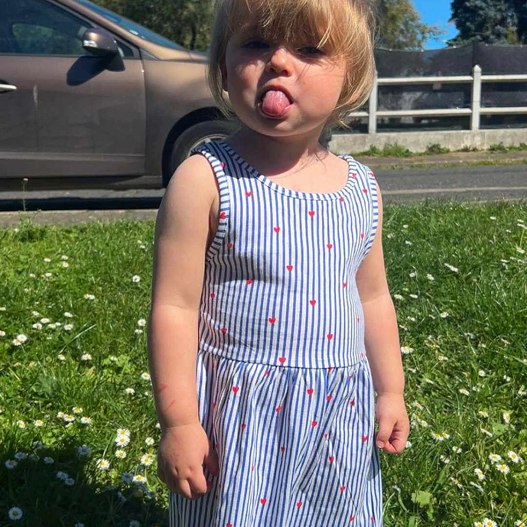 Kélya Lenfant participe au concours pour gagner de l'argent avec cette photo : barefoot, blue_sky, car, child, cute, daisies, daylight, dress, fence, grass, nature, outdoor, person, playful, road, striped_clothing, sunny, toddler, tongue_out, tree