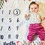 Analina is registered to the contest to win money with this photo: baby, infant, smiling, lying_down, floral_blanket, numbers, months, age_marker, pink_pants, headband, cute, child, adorable, clothing, patterned_top, happy, portrait, indoors, skin, young_child
