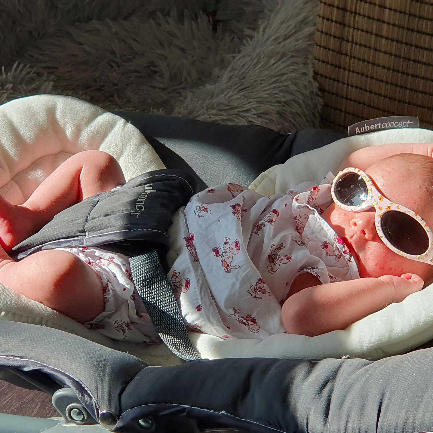 Luna a rejoint le concours — aidez-le/la à gagner de superbes lots ! accessory, baby, baby_seat, clothing, comfort, cushion, cute, fashion, footwear, headwear, indoor, infant, person, relaxing, resting, seat_belt, skin, small_person, sunglasses, sunlight