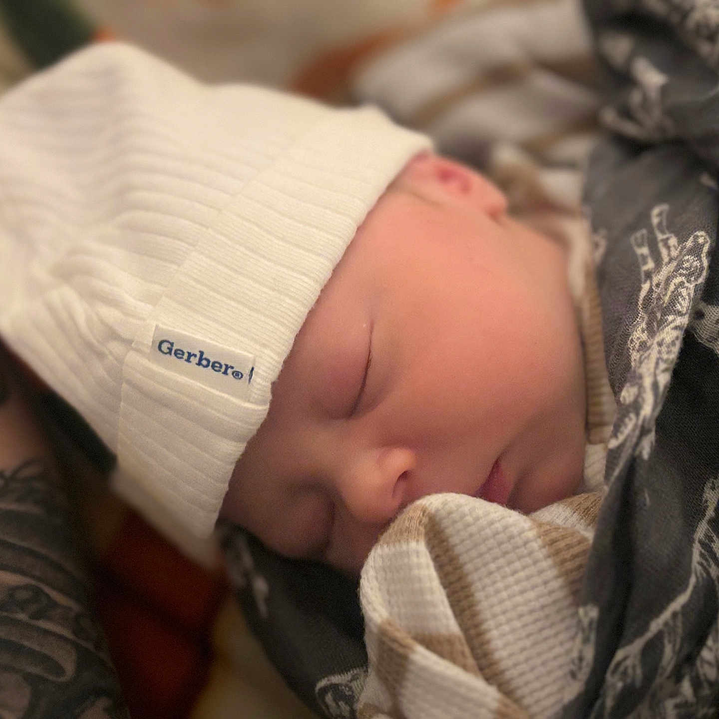 Hudson Bear joined the competition — help win amazing prizes! arm, baby, blanket, child, closeup, cozy, face, hat, human, indoors, infant, newborn, peaceful, portrait, skin, sleeping, soft_focus, tattoo, white_hat, wrapped