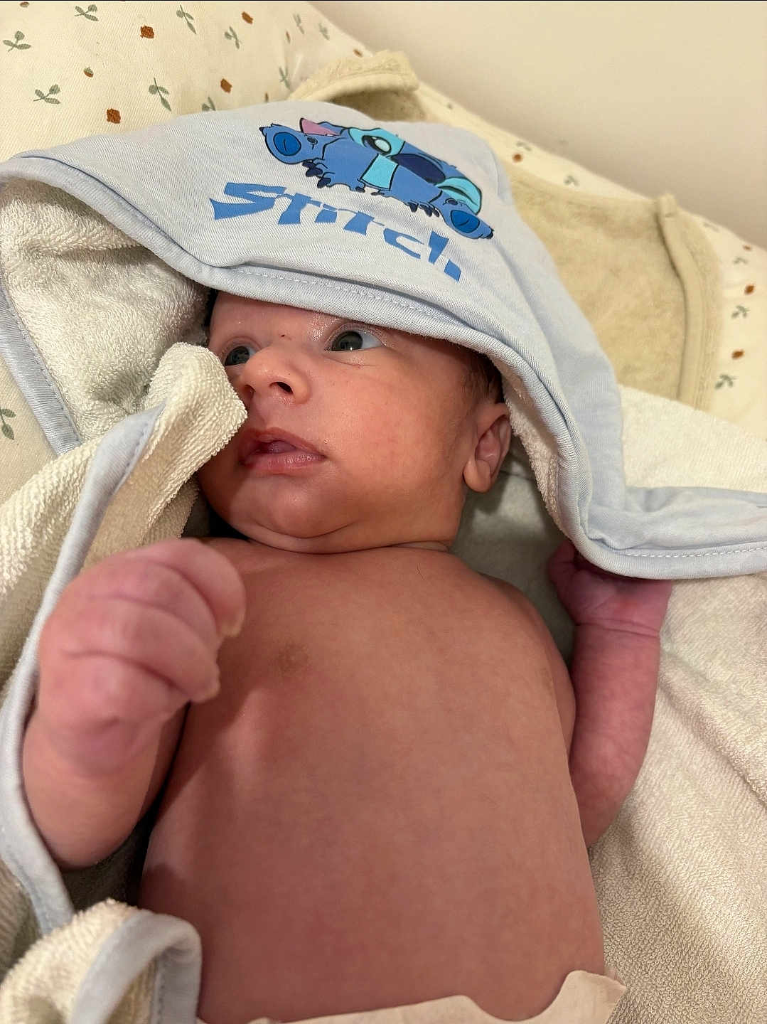 Alejandro participe au concours pour gagner de l'argent avec cette photo : baby, infant, newborn, towel, hood, stitch, blue, skin, face, hand, blanket, soft, cute, lying_down, indoors, expression, curious, young_child, portrait, resting