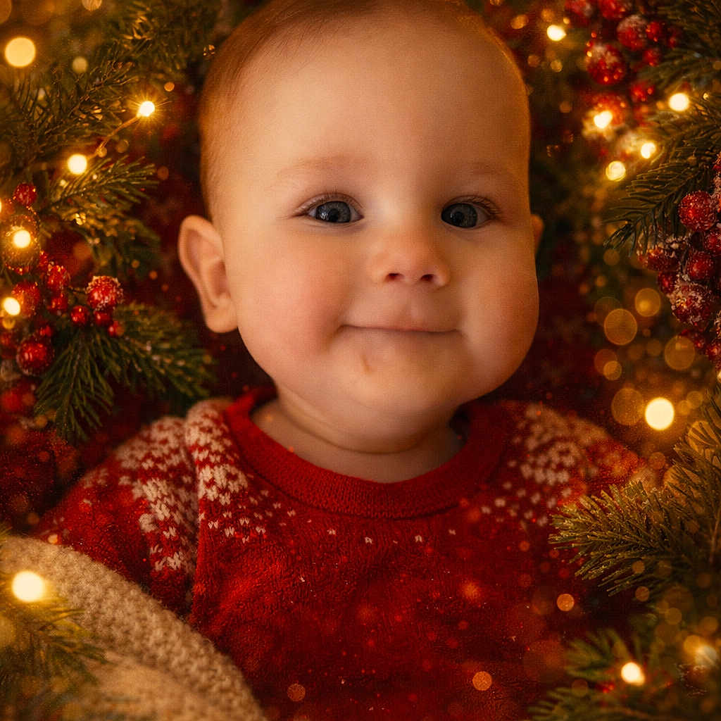 Mïa participe au concours pour gagner de l'argent avec cette photo : baby, berries, bokeh, cheeks, christmas, cozy_blanket, cute, eyes, face, festive, holiday, infant, lights, photography, pine, portrait, red_sweater, smiling, warm_lighting, wreath