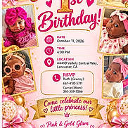 Atumna joined the competition — help win amazing prizes! baby, children, birthday, birthday_invitation, pink, gold, balloons, crown, hearts, bows, princess, portrait, collage, infant, smiling, party, celebration, decorative, text, screenshot