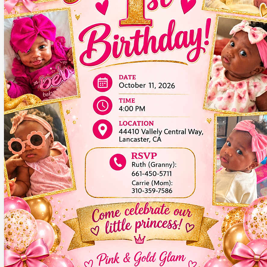 Atumna joined the competition — help win amazing prizes! baby, children, birthday, birthday_invitation, pink, gold, balloons, crown, hearts, bows, princess, portrait, collage, infant, smiling, party, celebration, decorative, text, screenshot