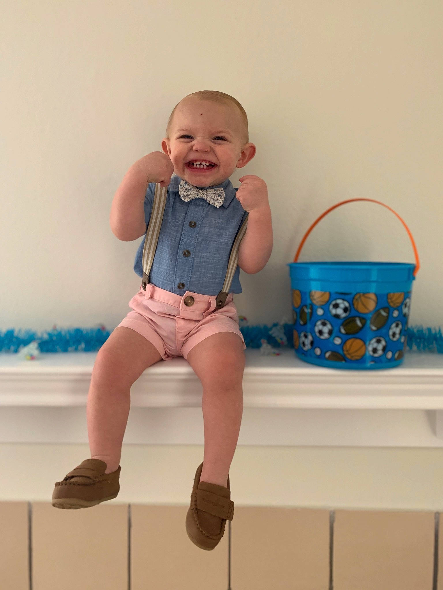 Graeson joined the competition — help win amazing prizes! baby, baby_toddler_clothing, basket, electric_blue, foot, happy, human_leg, joy, knee, leg, pattern, person, pink, shoe, shorts, sleeve, smile, sock, storage_basket, textile