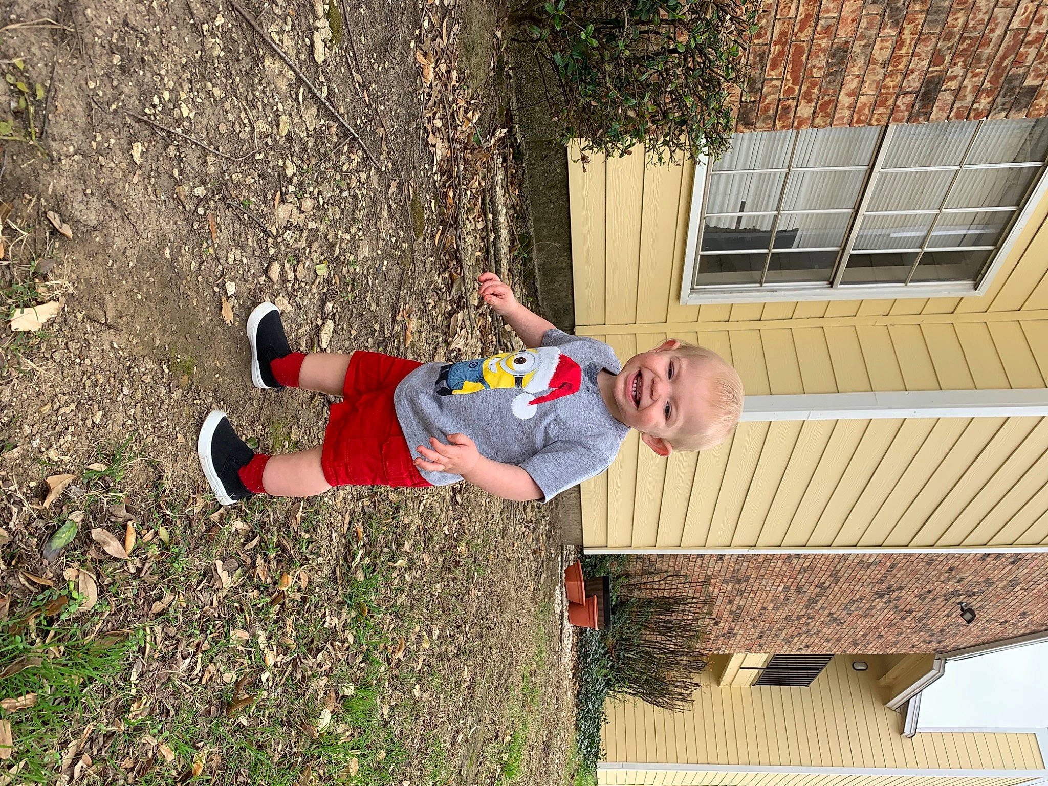 Graeson joined the competition — help win amazing prizes! baby_toddler_clothing, carmine, child, composite_material, fun, grass, hat, joy, leisure, people_in_nature, person, plant, soil, t_shirt, toddler, tree, walking_shoe, wood, yard