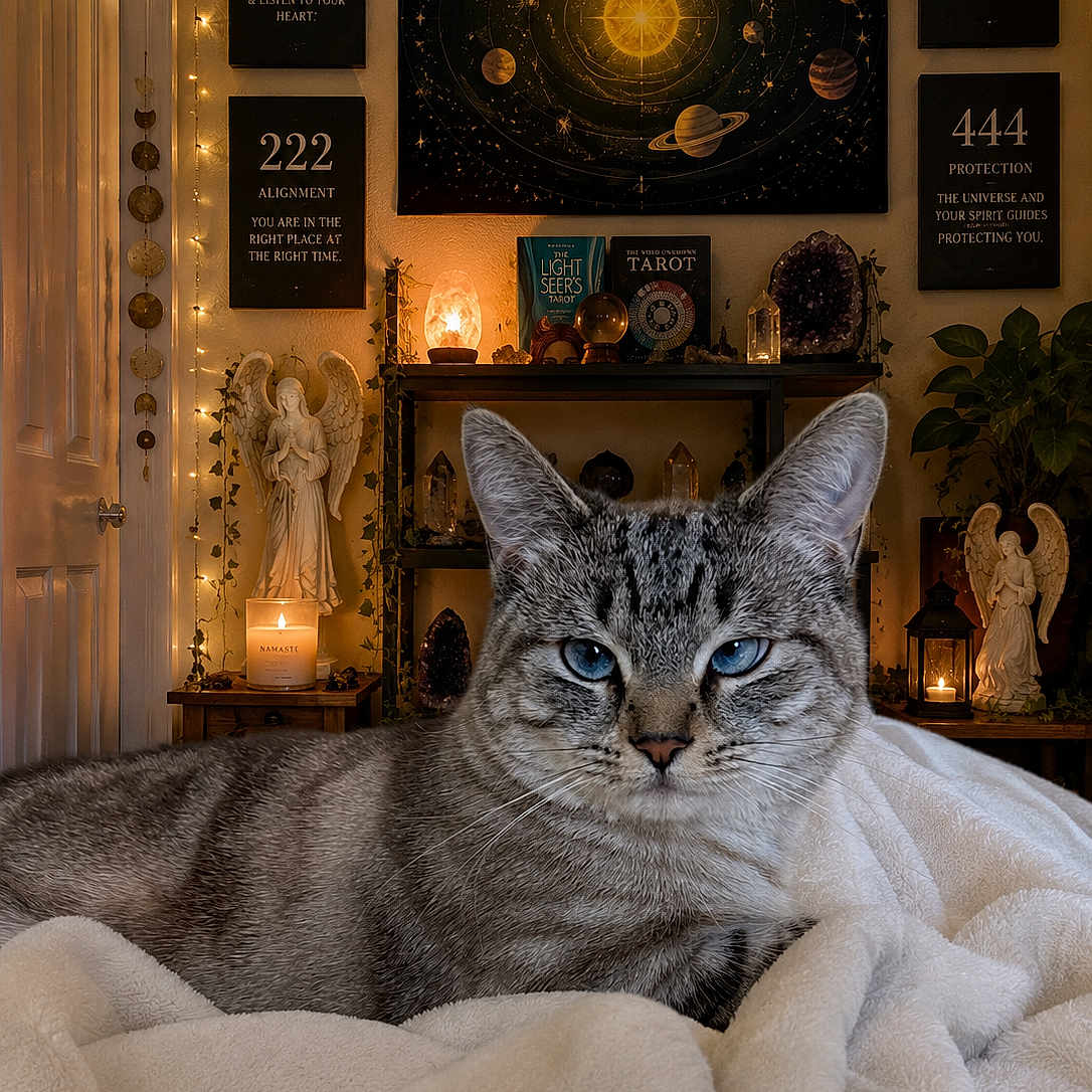 Coconut joined the competition — help win amazing prizes! cat, blue_eyes, tabby, feline, pet, animal, portrait, close_up, bed, blanket, bedroom, cozy, indoor, spiritual, tarot, crystals, candles, angel_statue, wall_art, string_lights