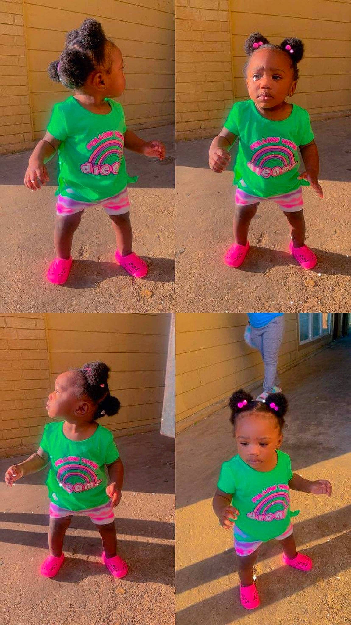 Jariyah is registered to the contest to win money with this photo: blue, clothing, facial_expression, green, hair, happy, head, joint, neck, person, photograph, pink, purple, red, shoe, shorts, shoulder, sleeve, standing, t_shirt