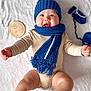 Kaël participe au concours pour gagner de l'argent avec cette photo : baby, infant, blue_hat, blue_scarf, blue_booties, white_blanket, wooden_plaque, 8_months, cute, smiling, child, knitwear, portrait, indoors, cozy, happy, person, baby_clothing, soft_texture, lying_down
