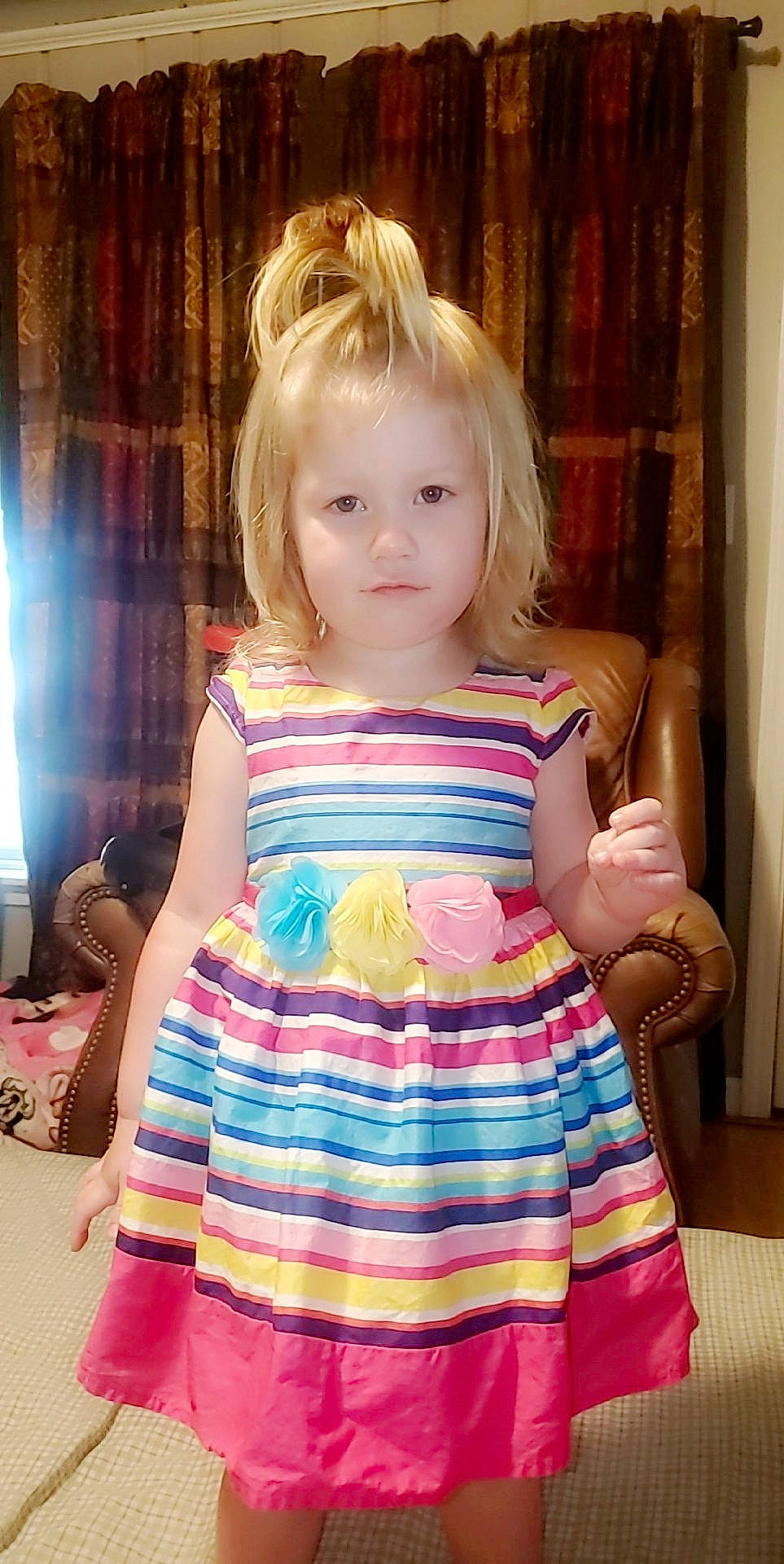 Addilyn Clausen joined the competition — help win amazing prizes! blond, brown_hair, cheek, child, child_model, clothing, dress, hair, peach, person, pink, sitting, smile, toddler