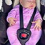 baby, infant, sleeping, car_seat, pink_onesie, straps, buckle, plush_toy, soft_toy, child, seat, safety, cute, peaceful, head, face, hand, foot, clothing, rest