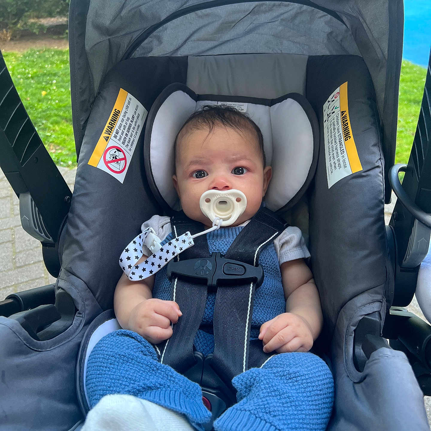 Thiago joined the competition — help win amazing prizes! baby, pacifier, car_seat, blue_clothing, knitwear, infant, child, outdoor, greenery, curious, sitting, straps, safety_harness, face, head, white_socks, cute, portrait, young_child, daylight