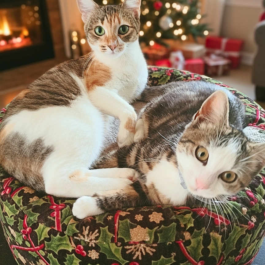 Kiara Et Yumi participe au concours pour gagner de l'argent avec cette photo : animal, cat, cats, christmas_tree, cozy, cushion, cute, decor, feline, fireplace, green, holiday, indoor, living_room, pattern, pet, red, relaxing, tabby, white