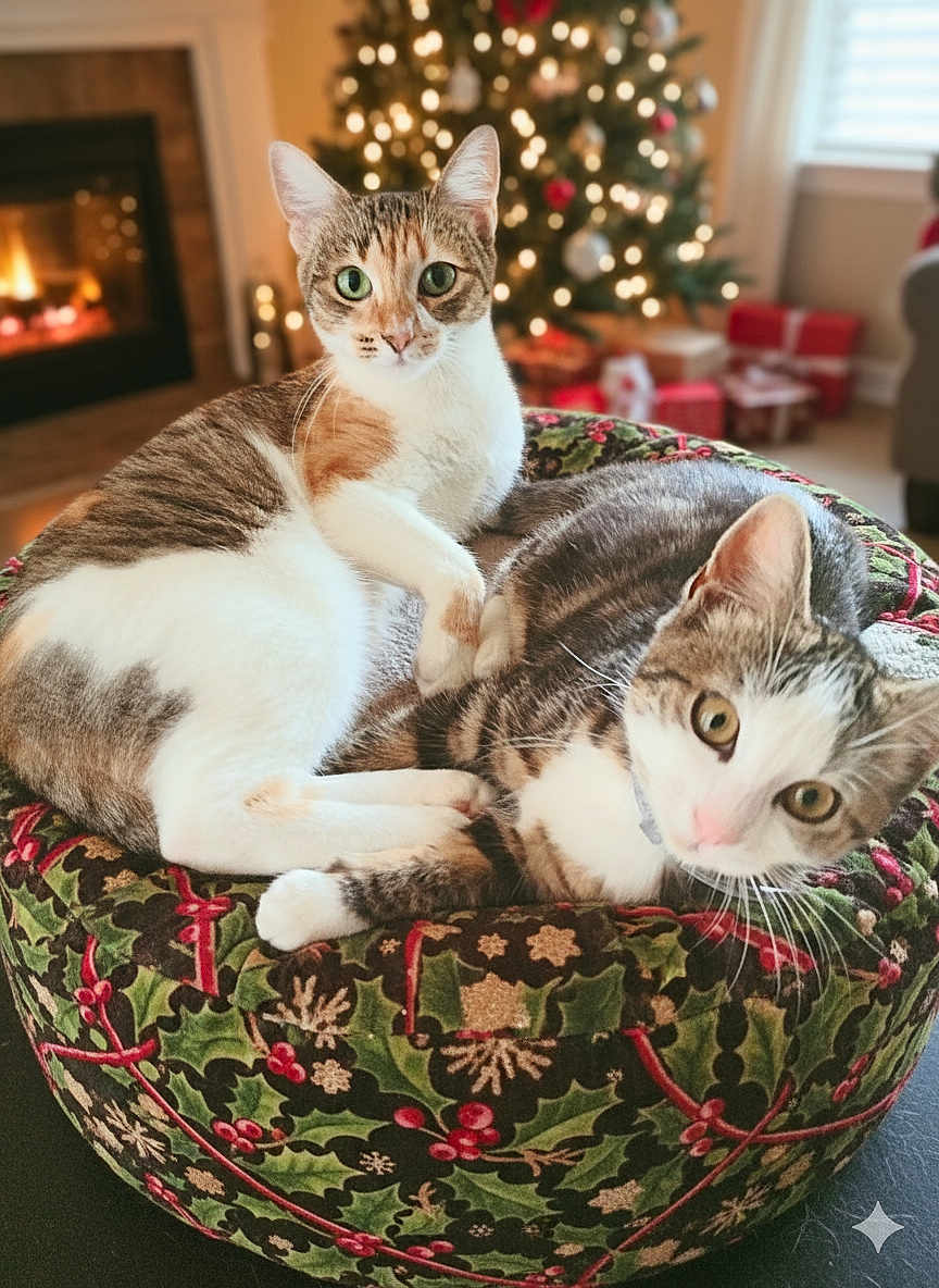 Kiara Et Yumi participe au concours pour gagner de l'argent avec cette photo : cat, cats, feline, pet, animal, indoor, holiday, christmas_tree, fireplace, cushion, green, red, white, decor, relaxing, cozy, tabby, pattern, living_room, cute