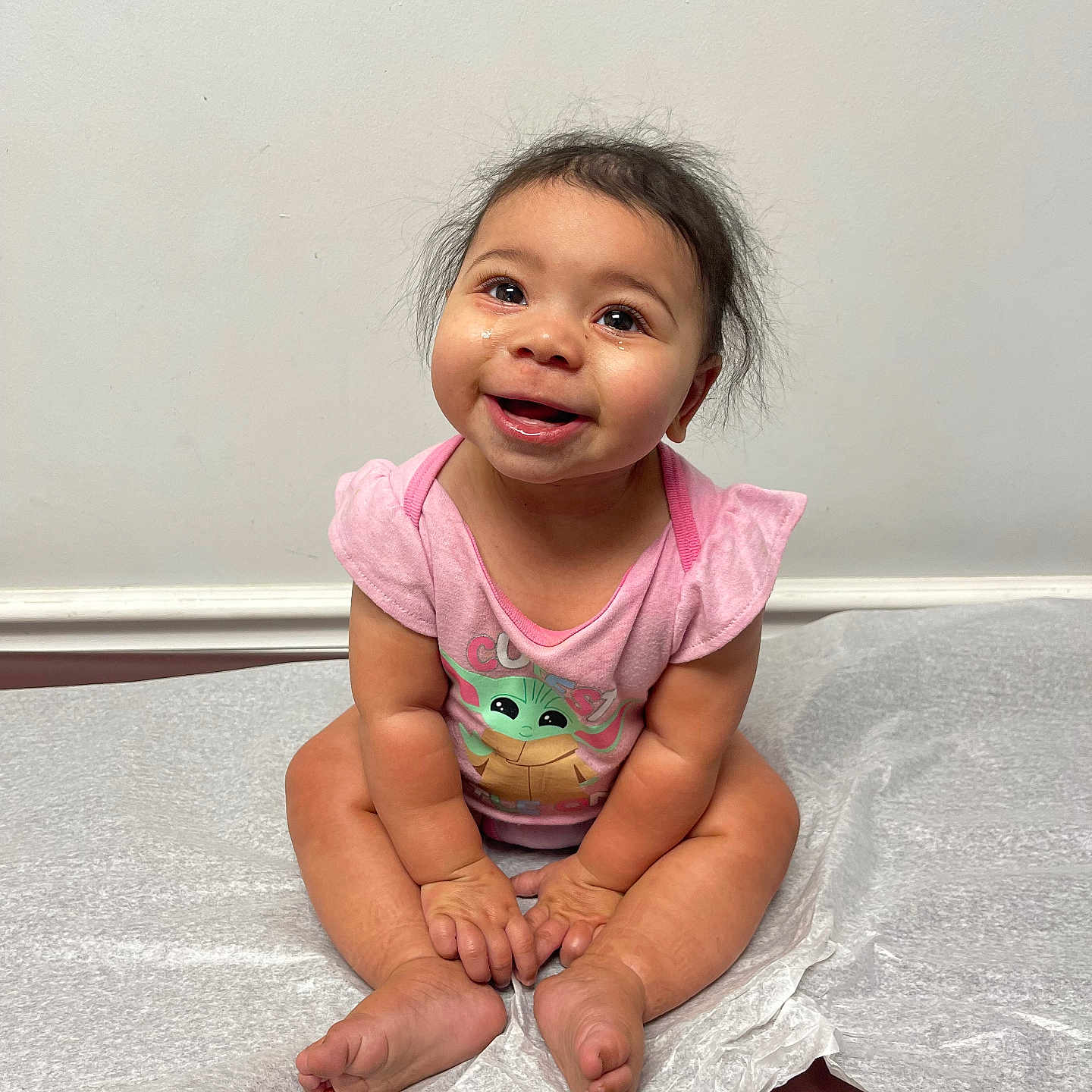 Giana joined the competition — help win amazing prizes! baby, bodypart, clothing, crawling, dress, face, finger, hand, happy, hardwood, head, person, photography, portrait, shorts, sitting, sleeve, smile, t_shirt, wood