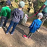 Banby a rejoint le concours — aidez-le/la à gagner de superbes lots ! children, dog, leash, outdoor, nature, rocks, trees, caps, casual_clothing, path, sunlight, greenery, walking, pet, group, playful, boys, shoes, back_view, daytime