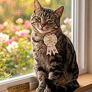 Pope is registered to the contest to win money with this photo: cat, tabby, ribbon, windowsill, window, flowers, blurred_background, plaque, pet_competition, cute, sitting, indoor, feline, animal, portrait, fur, whiskers, domestic_cat, pet, award