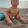 toddler, child, beach, sand, ocean, bucket, barefoot, diaper, smile, sunlight, water, sky, play, summer, outdoors, fun, vacation, sea, cute, happy