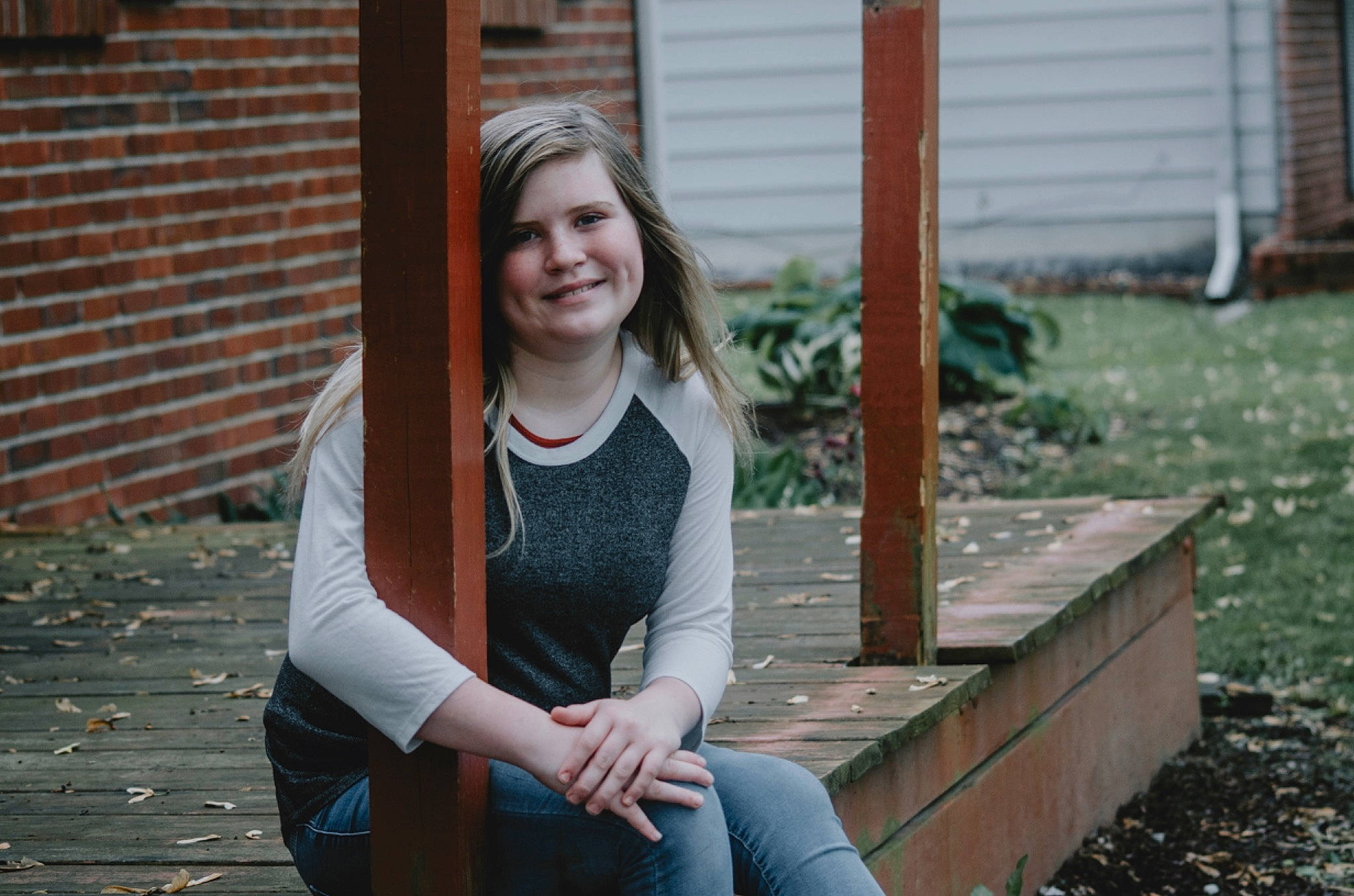 Aubrianna joined the competition — help win amazing prizes! beauty, blond, eye, facial_expression, fun, house, jeans, joy, leaf, leg, long_hair, people, person, photo_shoot, photograph, photography, portrait_photography, sitting, smile, standing