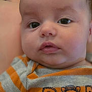 Julian joined the competition — help win amazing prizes! baby, close_up, face, infant, child, eyes, cheeks, shirt, striped, lion_graphic, cute, expression, portrait, skin, head, person, young, resting, curious, indoors