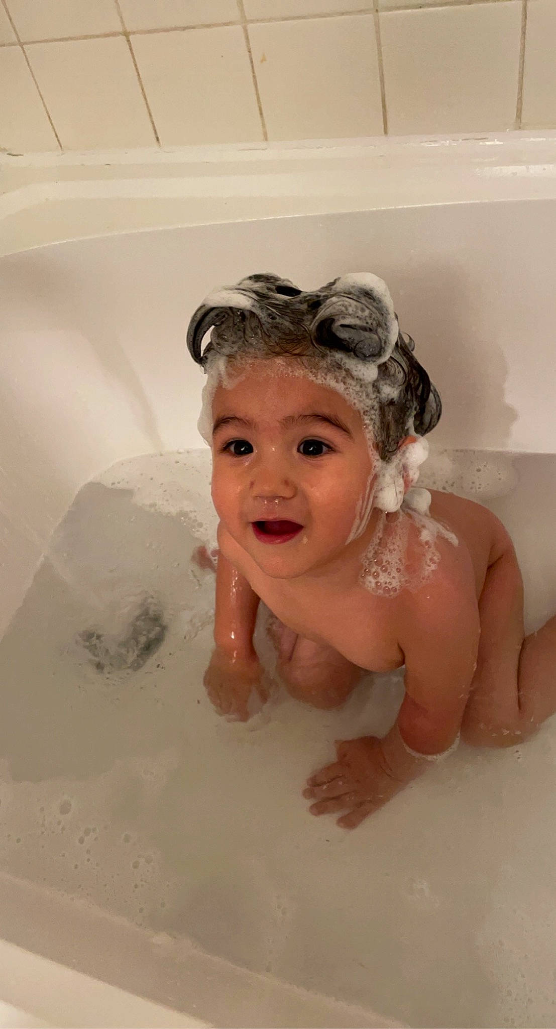 Liam joined the competition — help win amazing prizes! baby_bathing, bathing, bathroom, bathtub, chin, ear, eye, eyebrow, face, fluid, foam, hairstyle, happy, head, person, plumbing, plumbing_fixture, skin, smile, toddler
