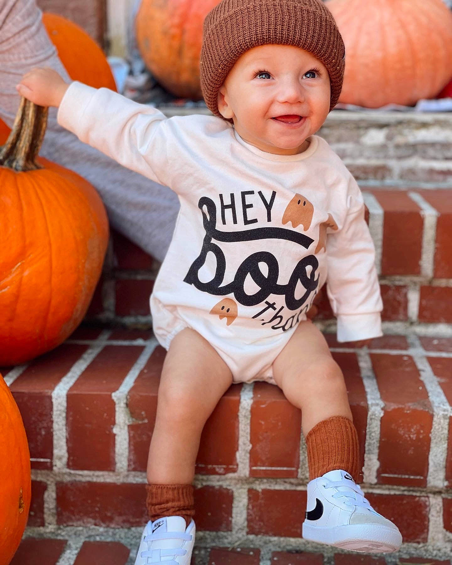 Brody joined the competition — help win amazing prizes! baby, baby_toddler_clothing, calabaza, cap, cool, eye, gourd, happy, headwear, joy, leg, natural_foods, orange, organ, people, person, photograph, pumpkin, sleeve, smile