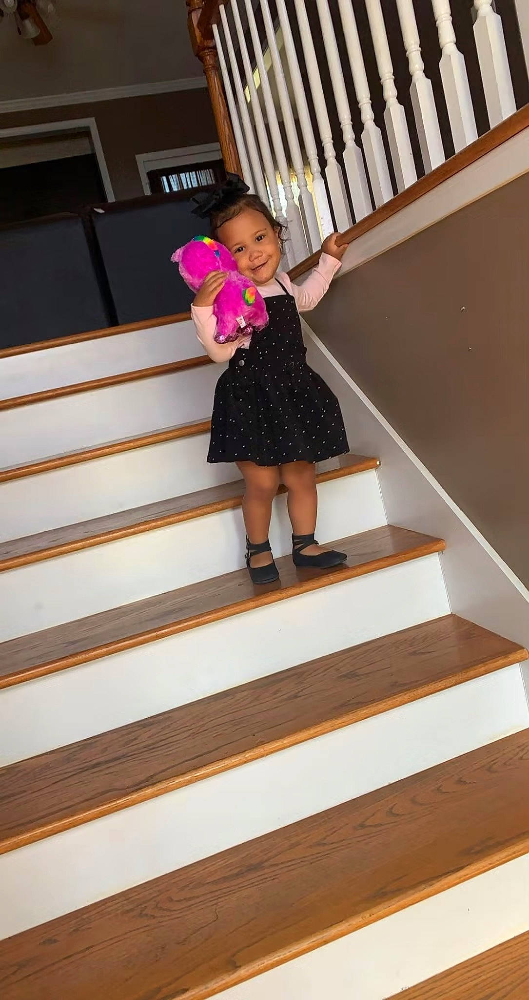 Iliana joined the competition — help win amazing prizes! baby_toddler_clothing, brown, calf, child_model, day_dress, dress, foot, human_leg, joy, one_piece_garment, person, shoulder, stairs, standing, toddler