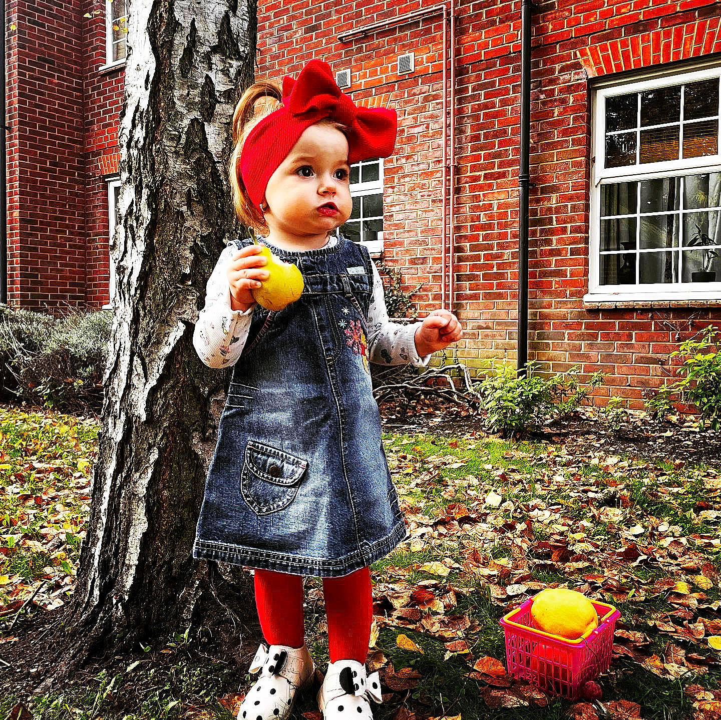 Simina Emilia joined the competition — help win amazing prizes! brick, doll, dress, fawn, grass, happy, hat, headwear, lawn_ornament, orange, outerwear, people_in_nature, person, plant, pumpkin, red, street_fashion, toddler, toy, tree