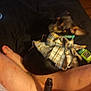 Stank Stank is registered to the contest to win money with this photo: dog, small_dog, plaid_clothing, lap, person, legs, feet, black_bedspread, green_object, indoor, blurry, dim_lighting, pet, animal, domestic, resting, casual, intimate, fabric, plaid