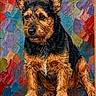 dog, terrier, portrait, sitting, ears, fur, black_and_tan, brown_fur, animal, pet, canine, artwork, painting, jigsaw_puzzle, colorful_background, framed_art, wooden_frame, phone_screenshot, web_browser, text