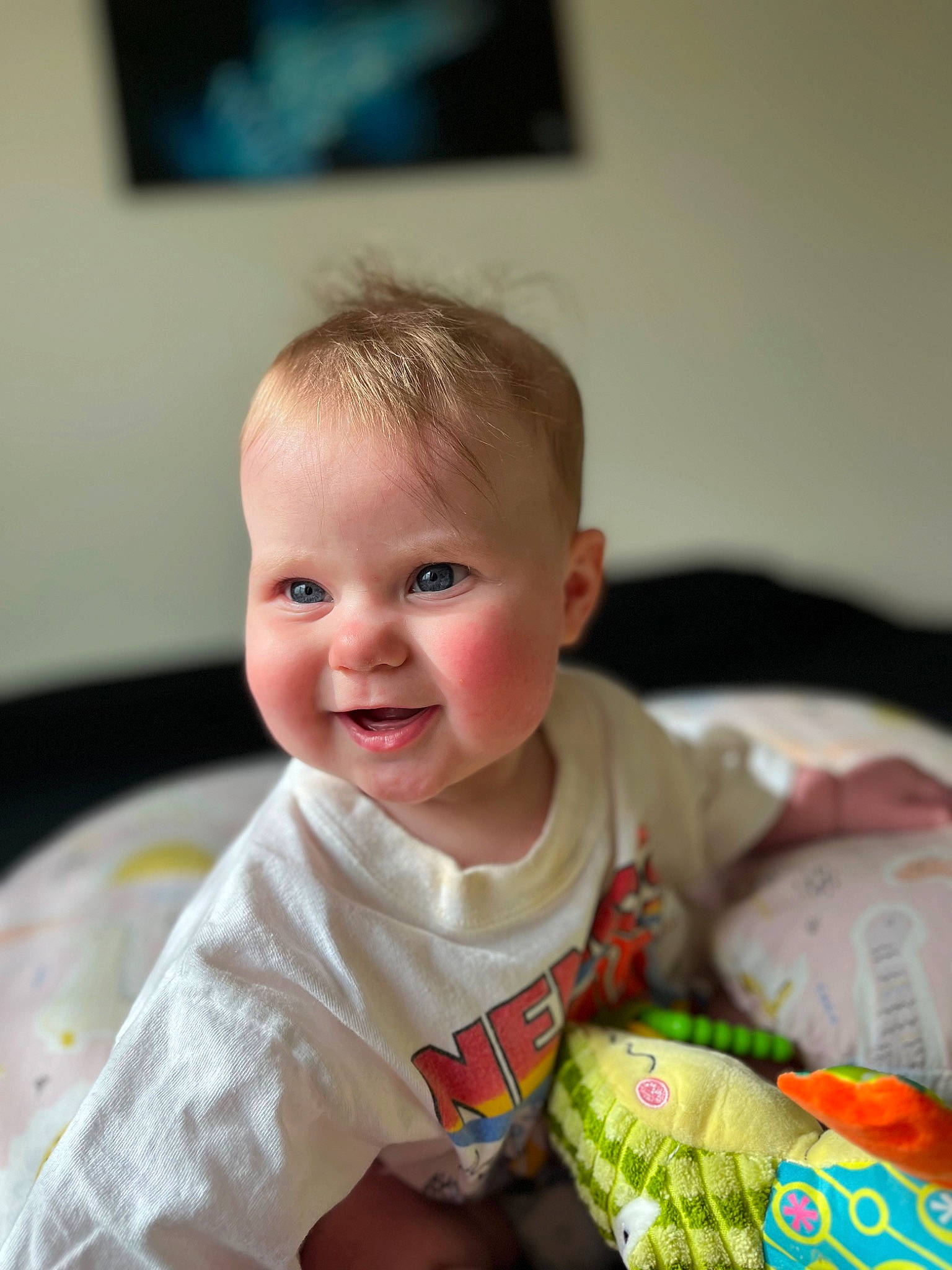 Isabella joined the competition — help win amazing prizes! baby, baby_products, baby_toddler_clothing, cheek, child, chin, eye, finger, fun, happy, iris, joy, mouth, nose, person, room, sitting, skin, sleeve, smile