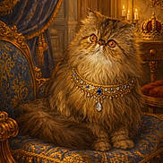 Oulala participe au concours pour gagner de l'argent avec cette photo : blue, candle, cat, chair, crown, curtain, decor, fancy, feline, fluffy, gold, indoor, jewelry, luxury, majestic, necklace, ornate, pet, portrait, royal