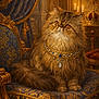 blue, candle, cat, chair, crown, curtain, decor, fancy, feline, fluffy, gold, indoor, jewelry, luxury, majestic, necklace, ornate, pet, portrait, royal