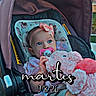 Charlotte is registered to the contest to win money with this photo: baby, child, infant, stroller, pacifier, bow, headband, plush_toy, elephant_toy, pink, sitting, outdoor, portrait, face, eyes, blanket, car_seat, canopy, date_text, text_overlay