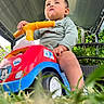 Carlos is registered to the contest to win money with this photo: baby, child, toddler, ride_on_car, toy_car, outdoor, garden, grass, canopy, seated, steering_wheel, yellow_handle, red_toy, blue_toy, greenery, portrait, low_angle, photography, casual_clothing, focused
