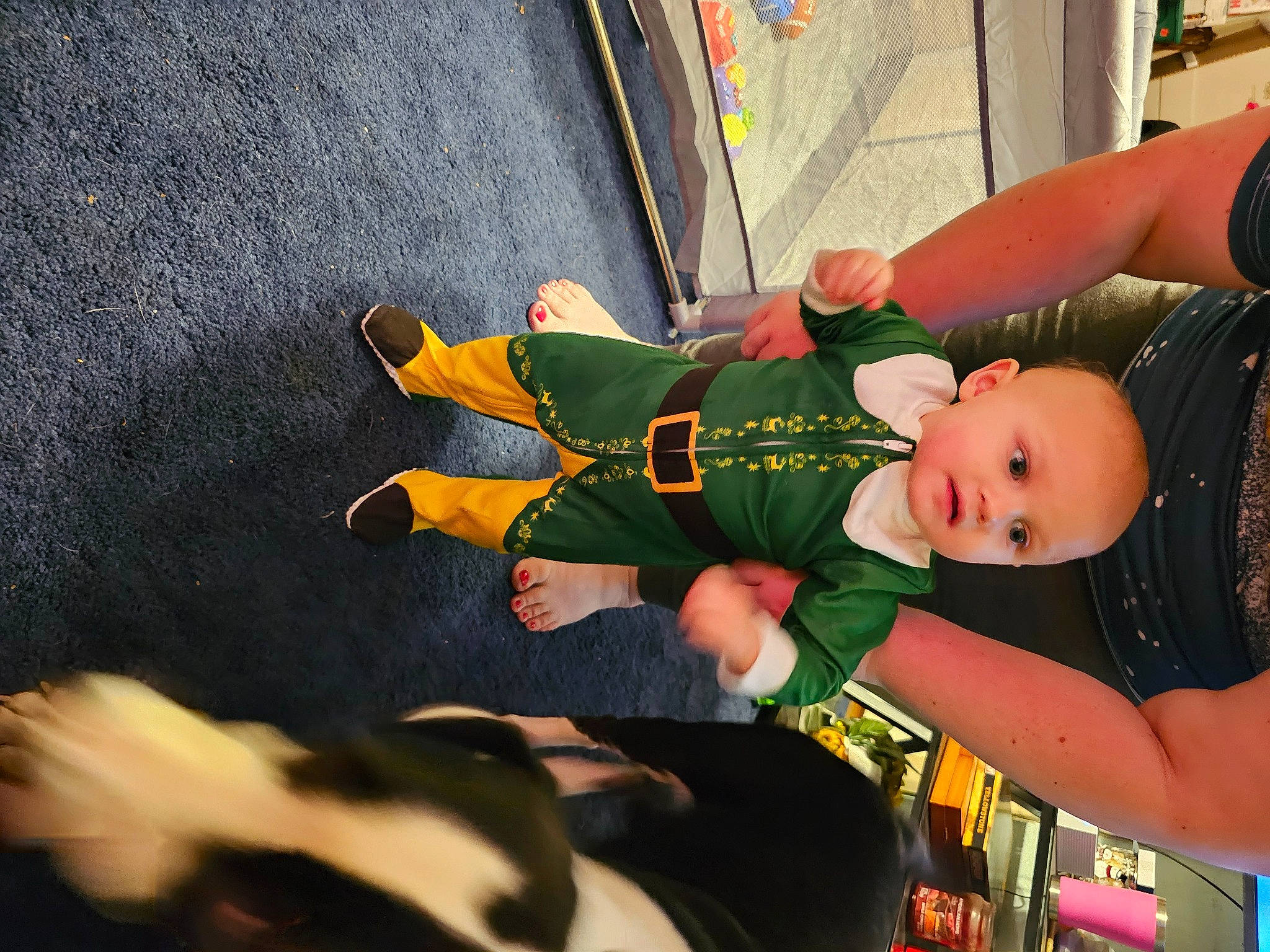 Jacob is registered to the contest to win money with this photo: baby, baby_products, baby_toddler_clothing, child, elbow, event, fun, hat, human_leg, knee, lap, orange, person, thigh, toddler