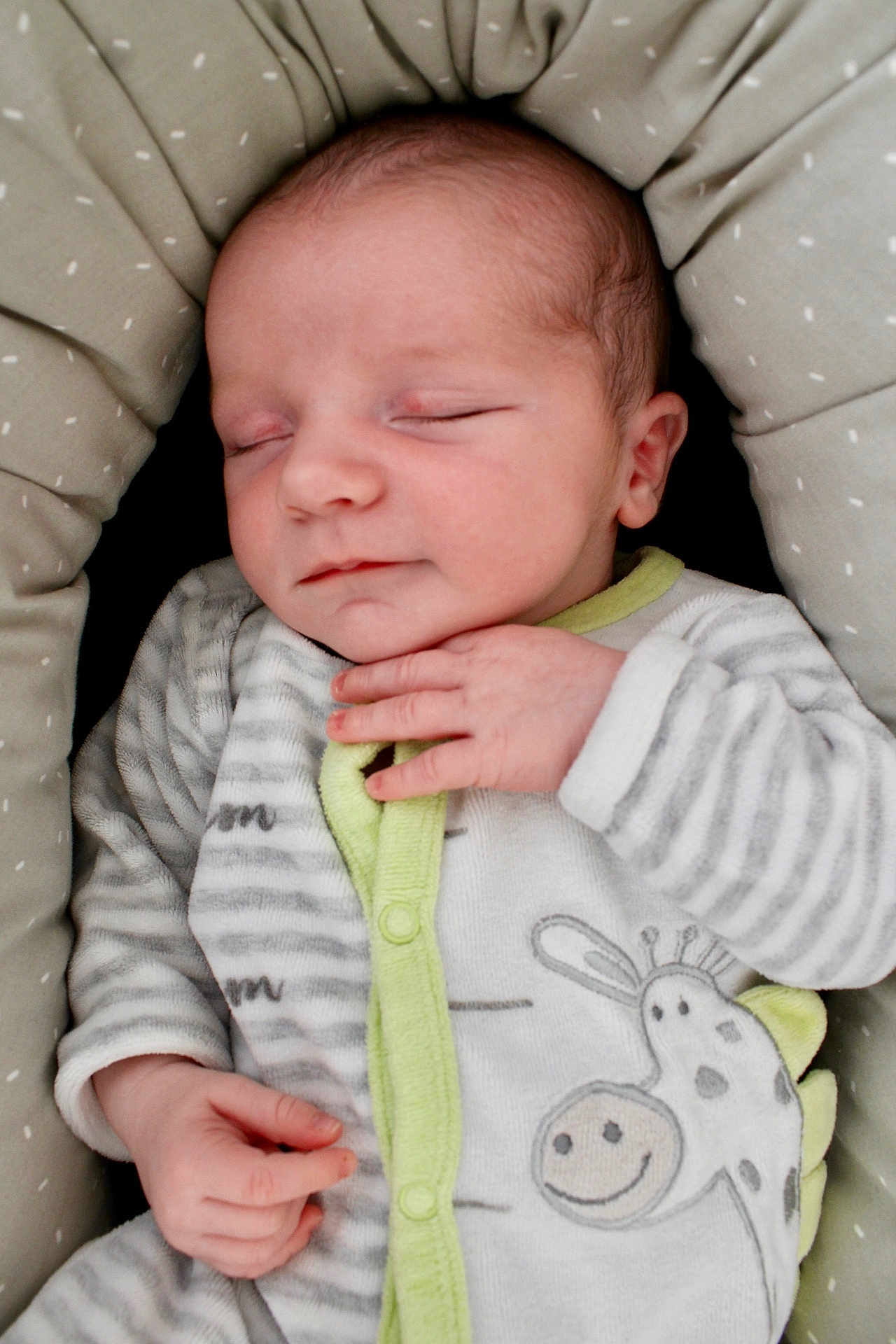Ezio a rejoint le concours — aidez-le/la à gagner de superbes lots ! baby, sleeping, infant, onesie, striped_clothing, giraffe_design, hand, face, cushion, cozy, soft_lighting, close_up, peaceful, child, newborn, portrait, cute, indoors, resting, comfort