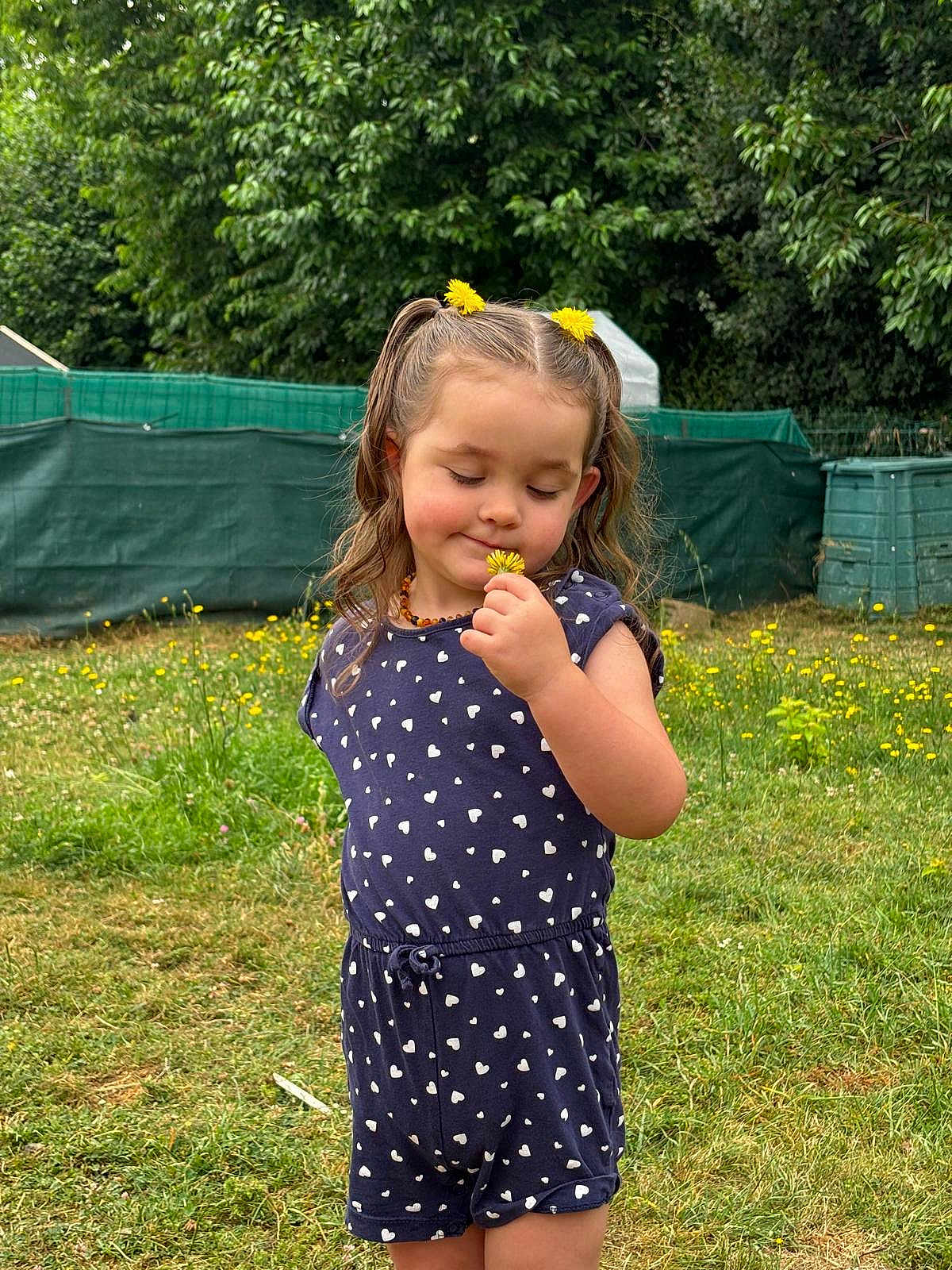 Yléana a rejoint le concours — aidez-le/la à gagner de superbes lots ! child, girl, flower, dandelion, grass, outdoor, nature, greenery, summer, cute, smiling, hair, pigtails, blue_clothing, patterned_clothing, playful, young, garden, peaceful, portrait