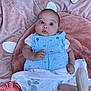 baby, baby_boy, baby_girl, blanket, blue_striped_outfit, child, closeup, curious, cute, indoors, infant, lying_down, patterned_blanket, pink_blanket, portrait, small_hands, soft_toy, white_blanket, wide_eyes, young_child