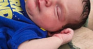 Oakley is registered to the contest to win money with this photo: baby, newborn, sleeping, infant, blue_shirt, yellow_text, hand, face, closed_eyes, skin, hair, camo_fabric, clothing, resting, peaceful, close_up, portrait, person, indoors, soft_lighting