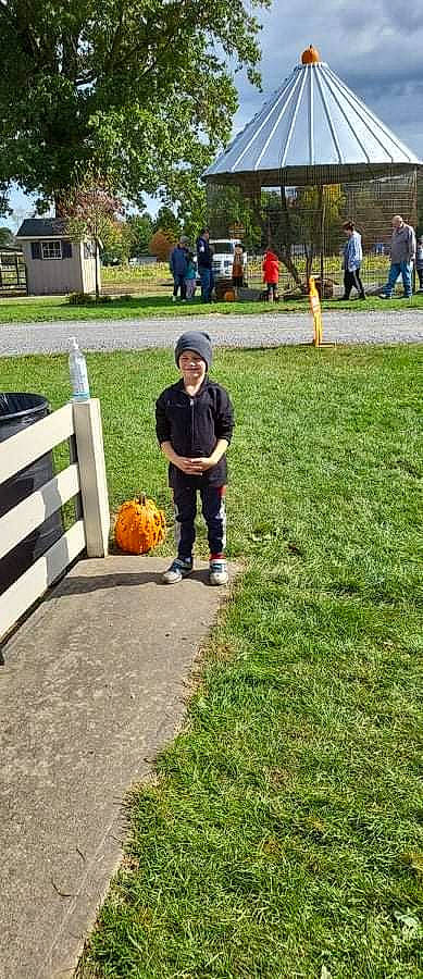 Bentley joined the competition — help win amazing prizes! asphalt, child, clothing, competition_event, fence, fun, grass, groundcover, hat, headwear, landscape, lawn, leisure, person, plant, player, pumpkin, recreation, soil, toddler