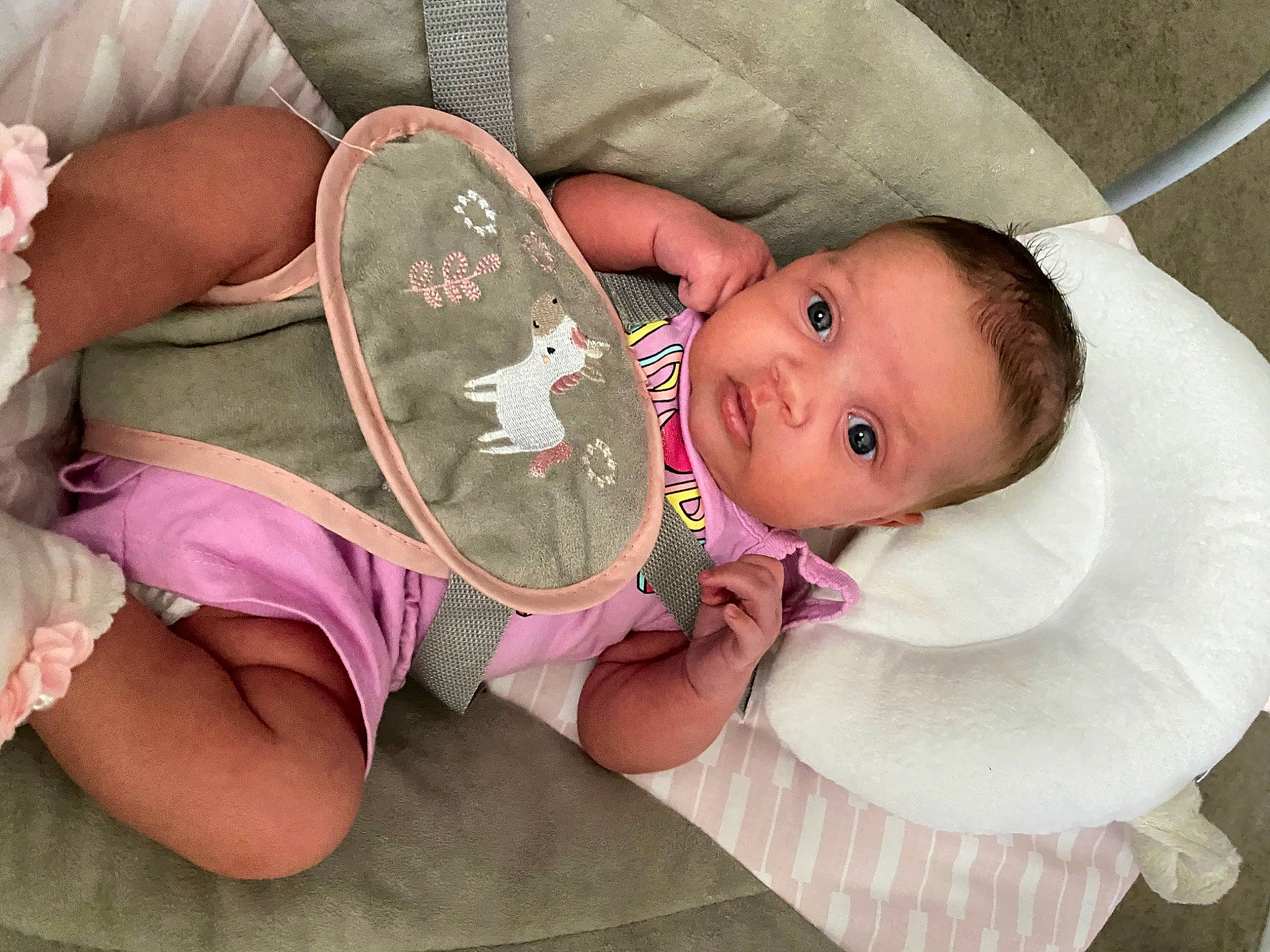 Kyleigh joined the competition — help win amazing prizes! baby, baby_products, baby_sleeping, baby_toddler_clothing, cheek, child, clothing, comfort, fashion_accessory, happy, head, headgear, lap, linens, person, pink, product, sitting, skin, textile