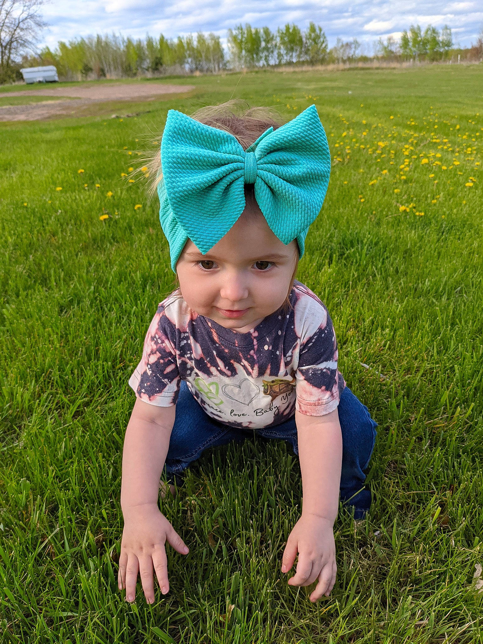 Raylynn joined the competition — help win amazing prizes! baby, baby_toddler_clothing, blue, cloud, grass, grass_family, grassland, green, happy, headgear, headwear, joy, landscape, lawn, meadow, people_in_nature, person, plant, sky, summer