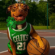 London is registered to the contest to win money with this photo: dog, basketball, basketball_court, sportswear, green_jersey, celtics, outdoor, pet, smiling_dog, animal, paw, collar, flower_accessory, summer, daylight, recreation, happy, playful, team_spirit, court